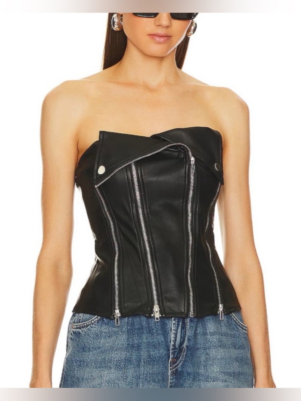 Superdown S Black Faux Leather Strapless Moto Corset Jacket
